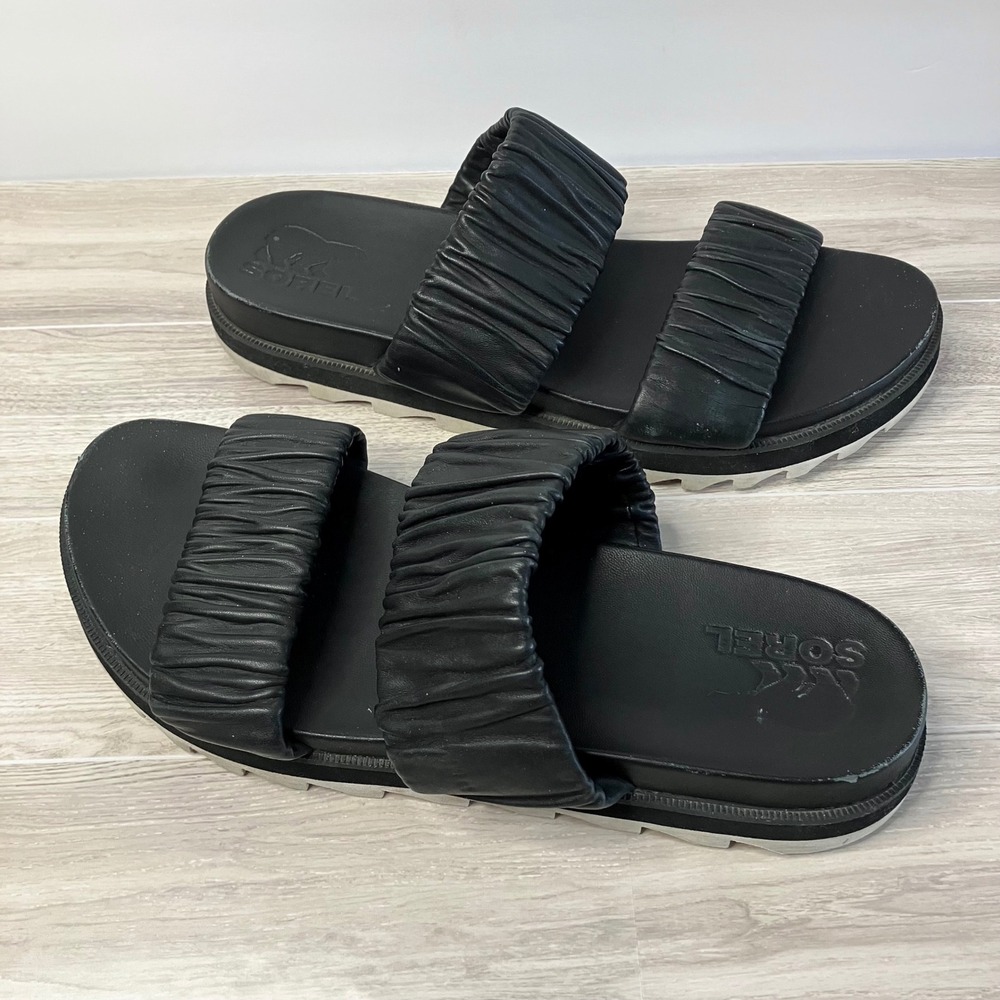 SOREL Roaming Ruched Slide Sandals Size 10 Leather Double Strap Vacation Black - Picture 10 of 11